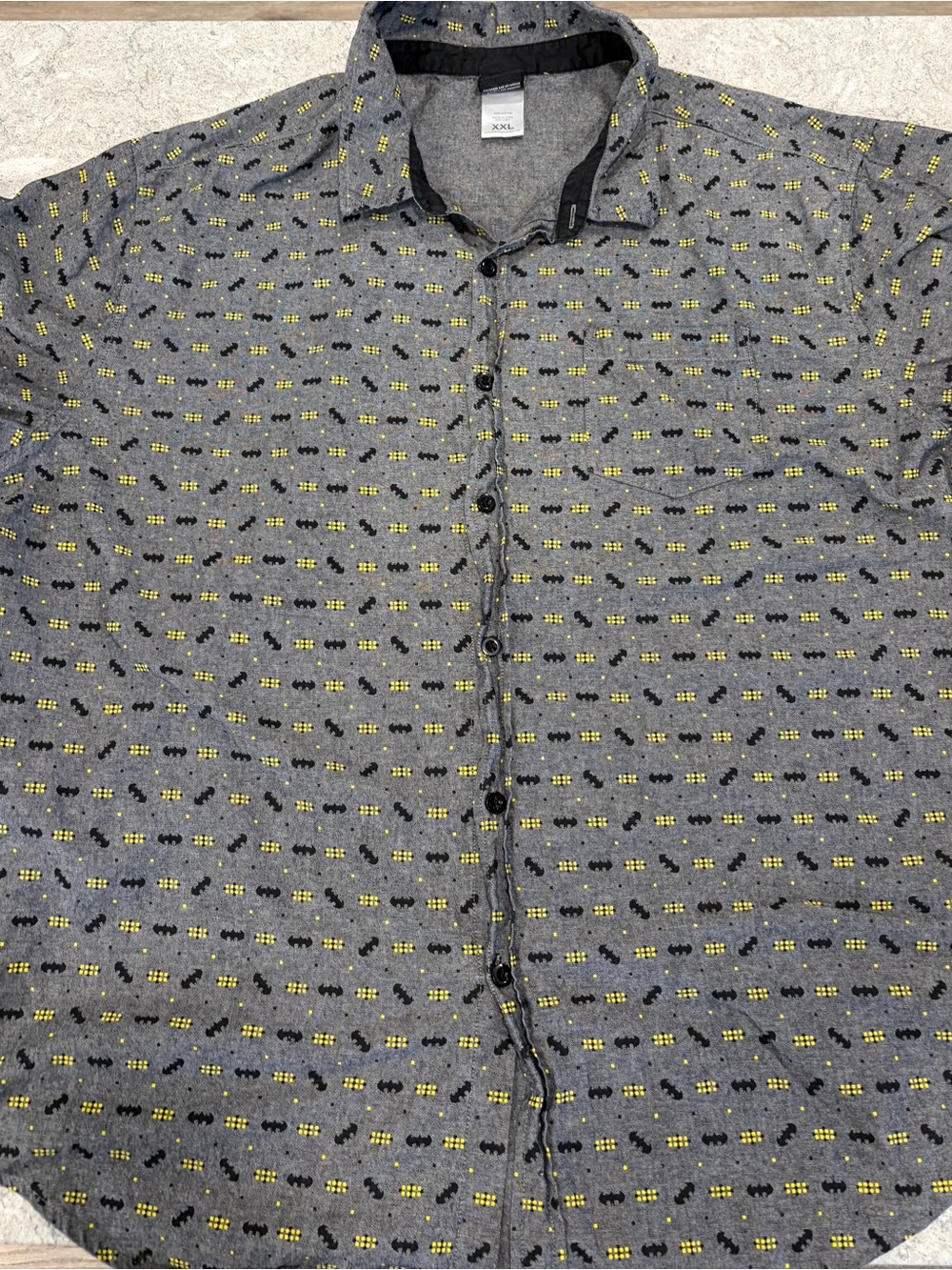 Batman Logo Button-Up Shirt in Gray with Yellow Accent